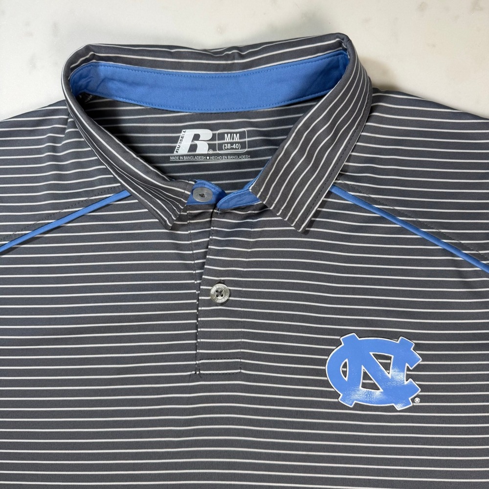 Russell Athletic UNC Tar Heels Polo Mens Medium Grey Striped Excellent Athletic‎